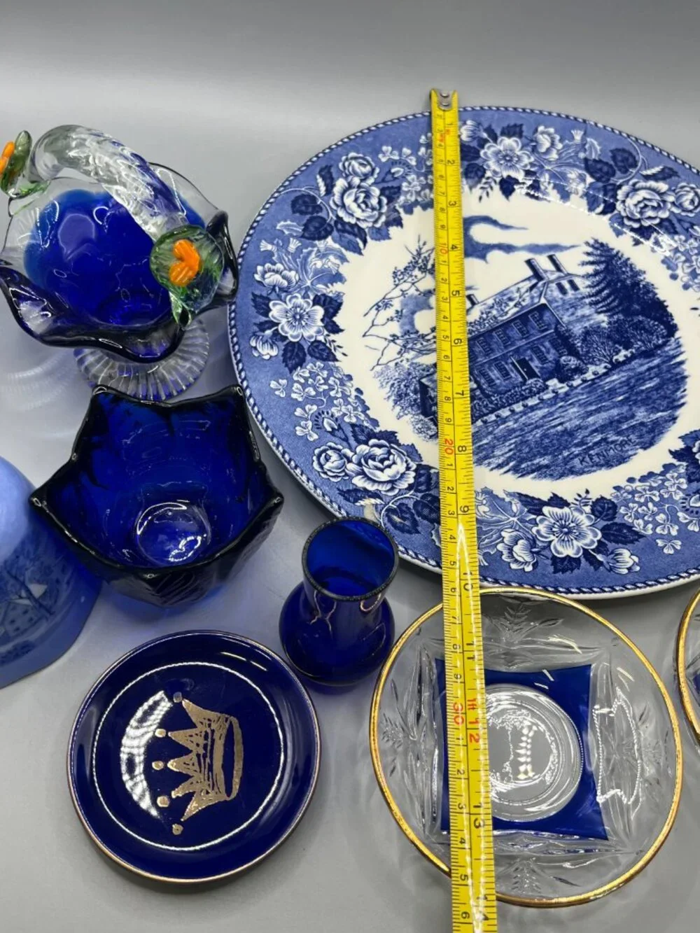 Delft Blue Glass Plate Ceramic Bell Basket Kenmore Lot of 8 items MCM